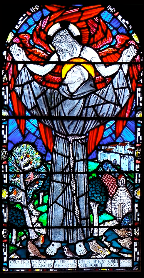 Stained glass art of Jesus and St. Francis Assisi