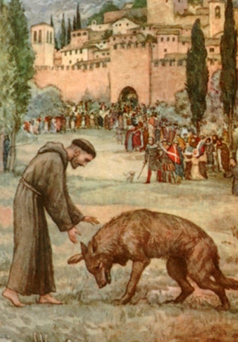 St. Francis and a wolf bowing, with people watching from the distance