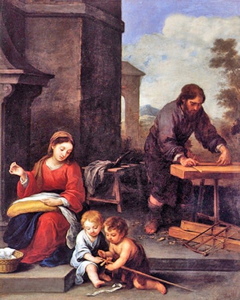 Joseph at the woodworking table, Mary looking at Baby Jesus and another child.